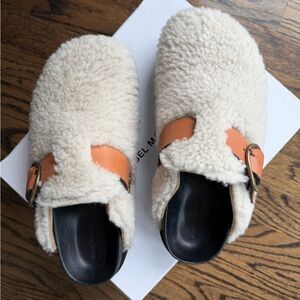 Isabel Marant Cream Hellea Leather Slide with Shearling and Brown Leather Strap